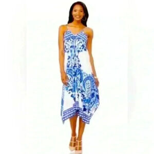 Cato Women Blue White Handkerchief Side Slit Lined Spaghetti Strap Maxi Dress XL